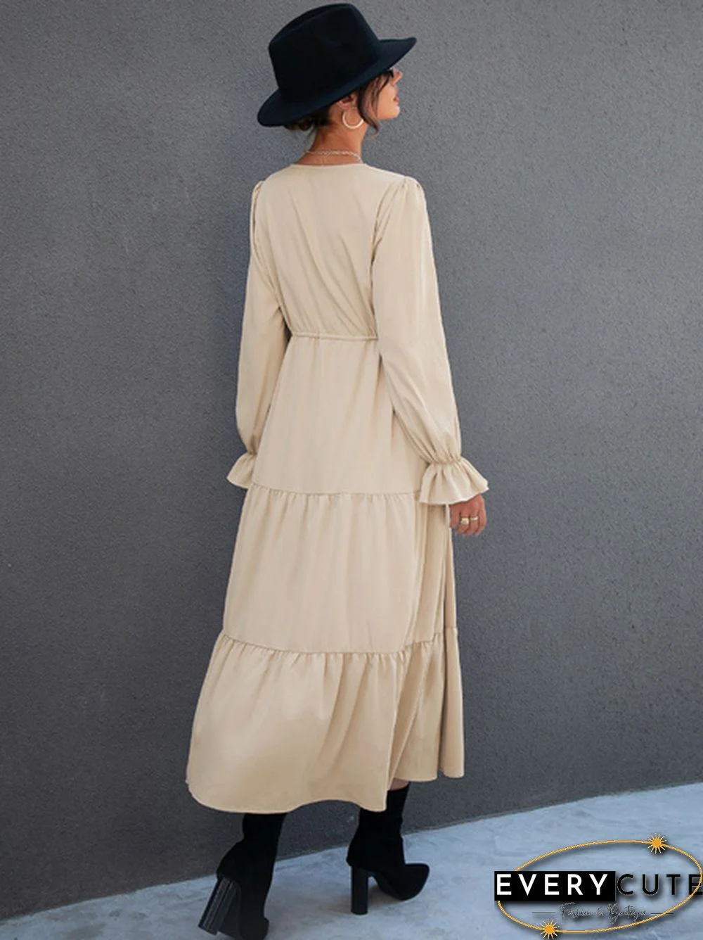 V Neck Drawstring Waist Flounce Sleeve Dress