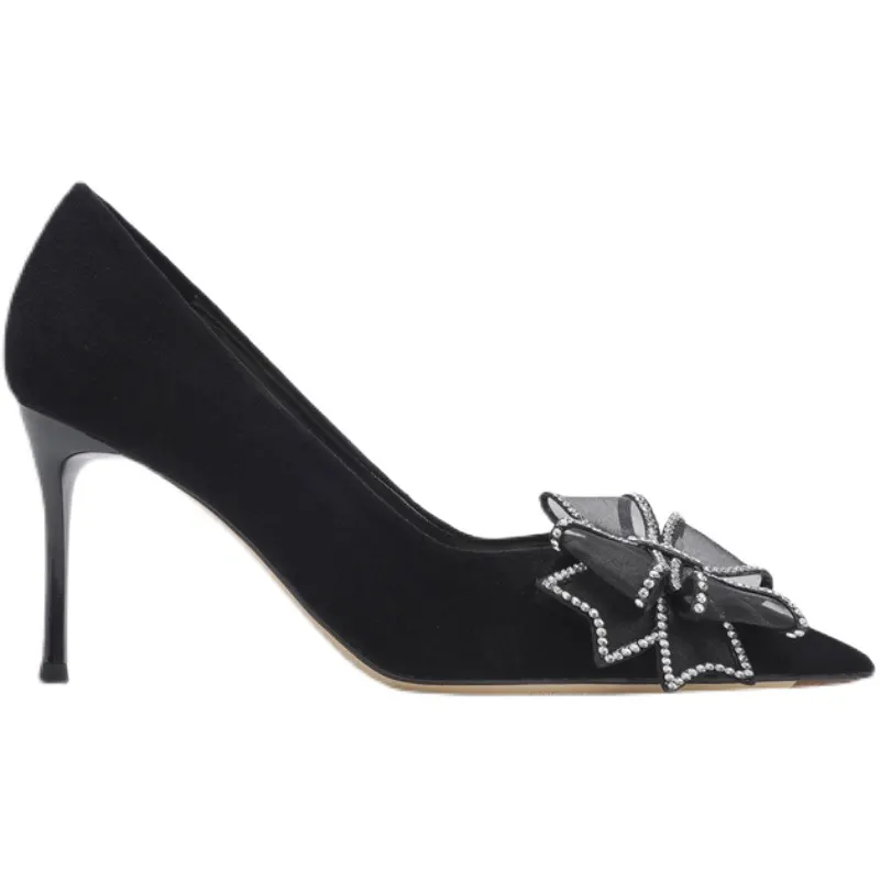 Breakj Breakj Drill Bow High Heels Summer Women's New Wedding Shoes Design French Famous Temperament Niche Pointed Single Shoes Sandals