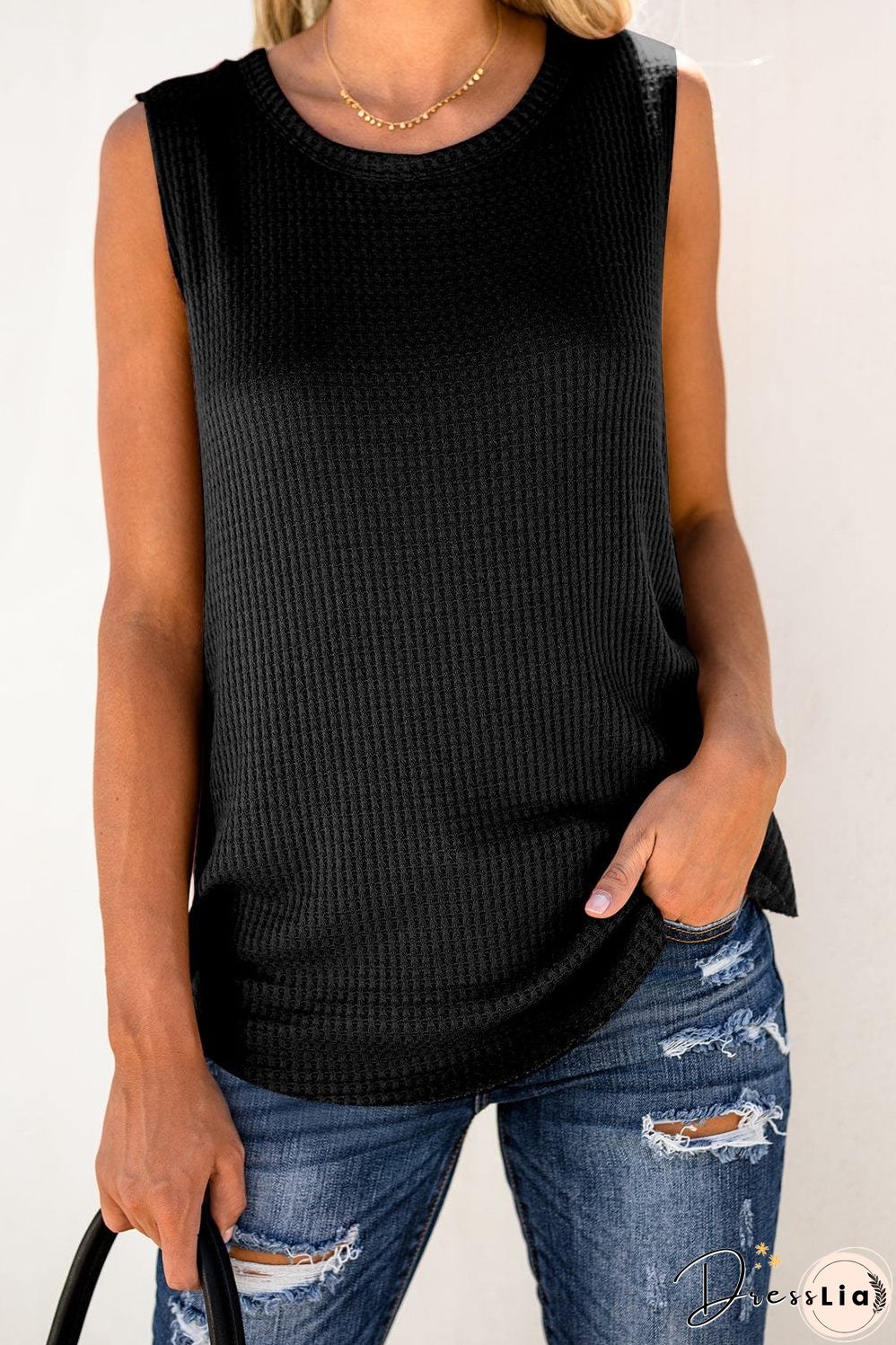 Chic Black Waffle Knit Sleeveless Tank Top