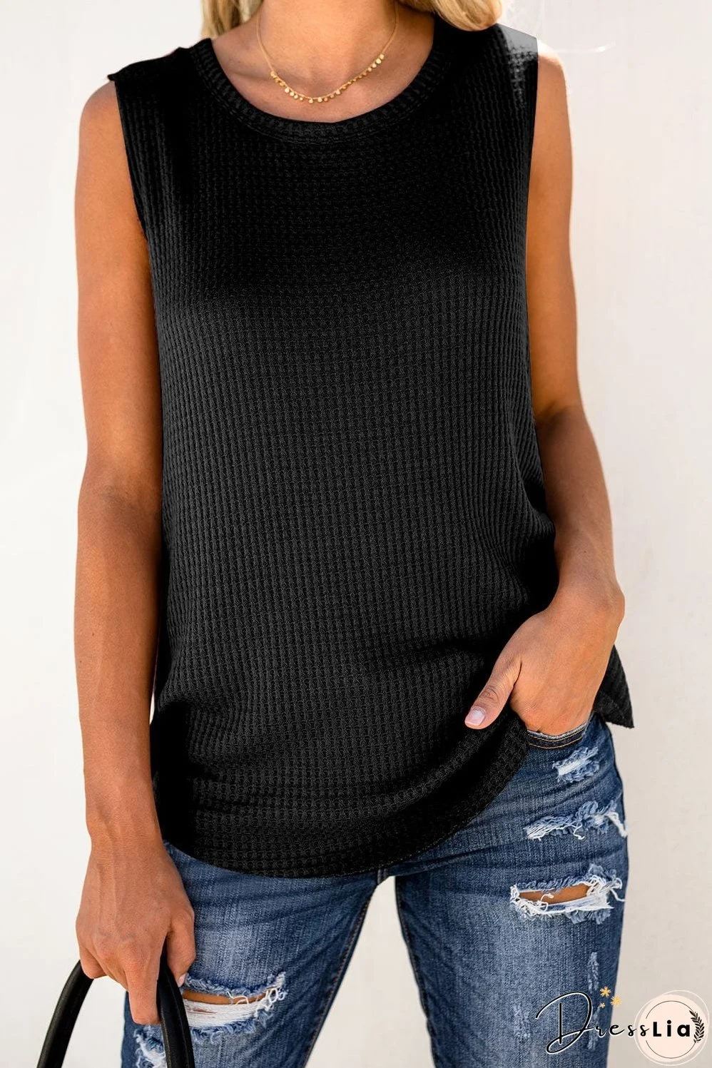 Chic Black Waffle Knit Sleeveless Tank Top