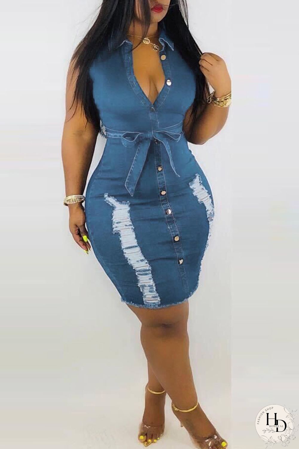 Baby Blue Sexy Sleeveless Grinding Hole Cowboy Dress