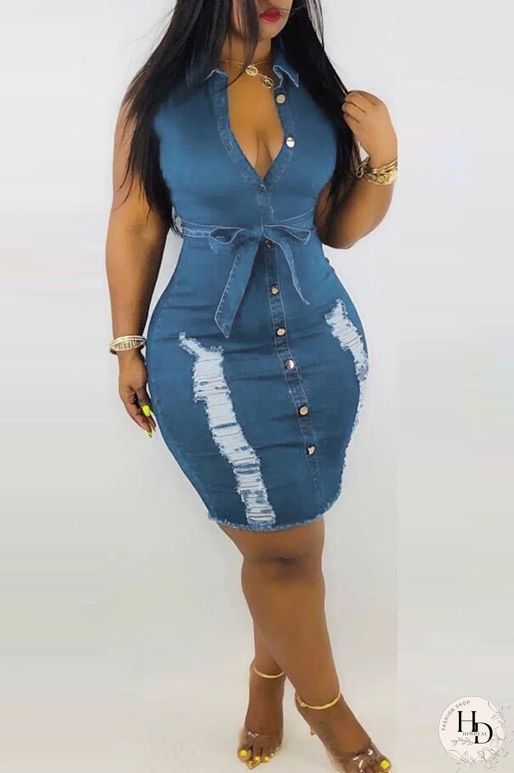 Baby Blue Sexy Sleeveless Grinding Hole Cowboy Dress