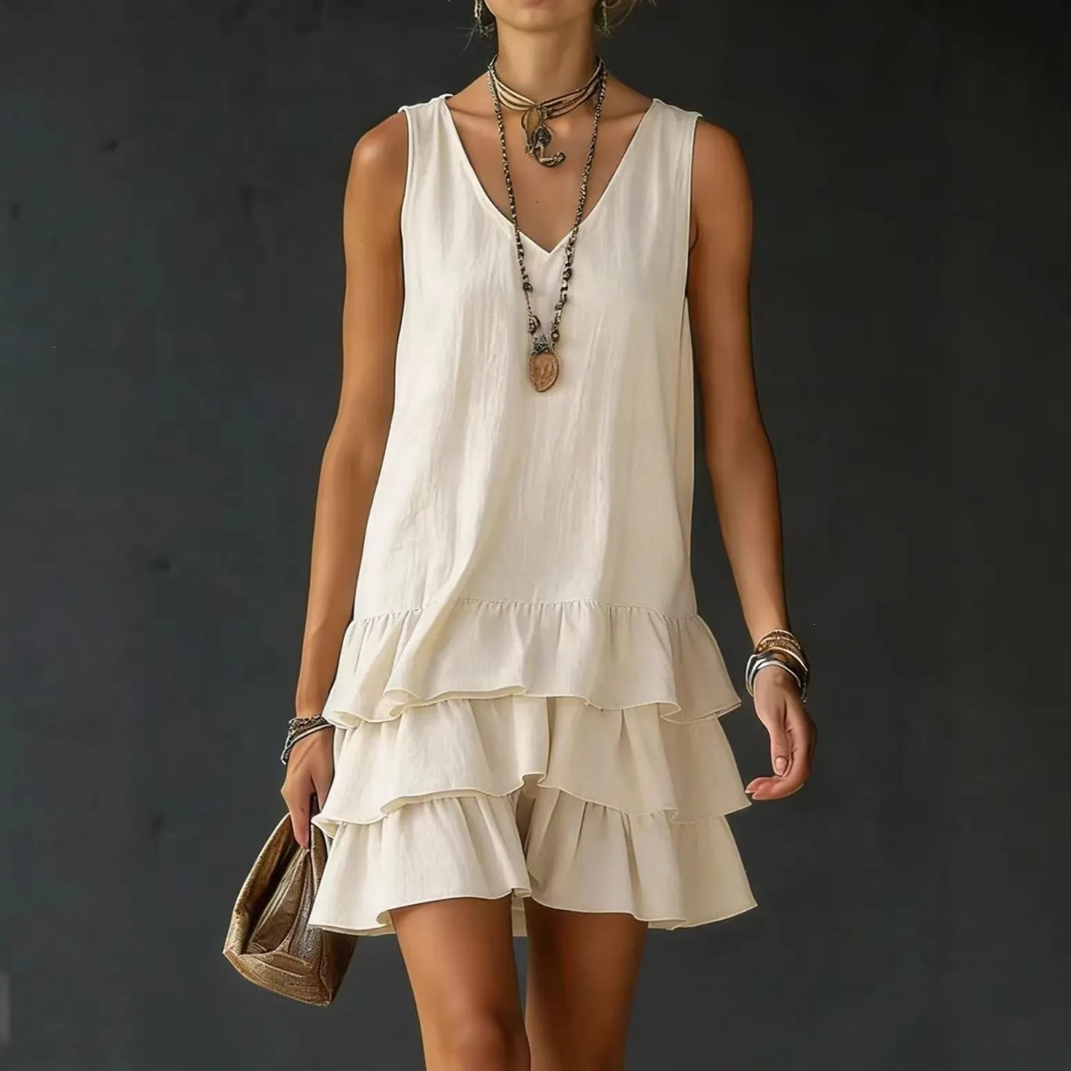 Women&rsquo;s Sleeveless V-Neck Loose Tiered Ruffle Hem Solid Casual Mini Dress
