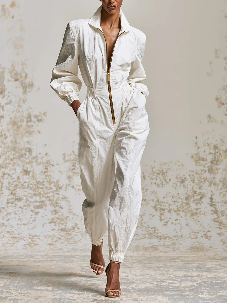 Luxe Utility White Jumpsuit &ndash; Elegant Zip Front Long Sleeve Cargo Romper With Cinched Waist