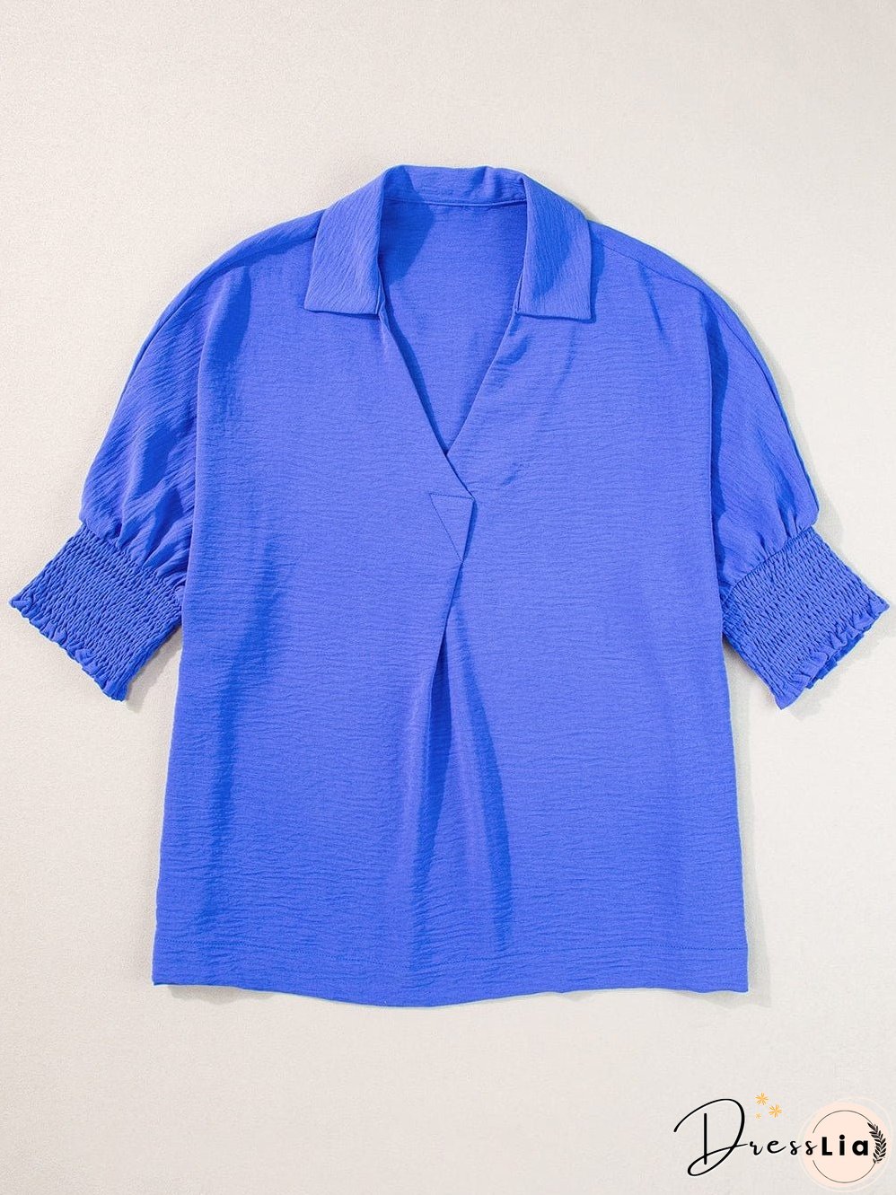 Navy Blue Collared Smocked Sleeve Cuffs Loose Fit Blouse