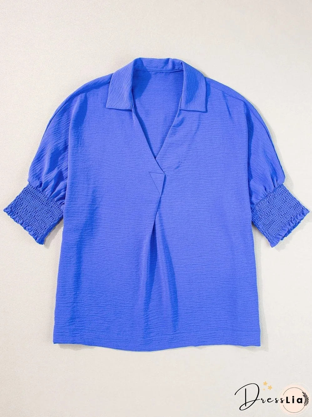 Navy Blue Collared Smocked Sleeve Cuffs Loose Fit Blouse