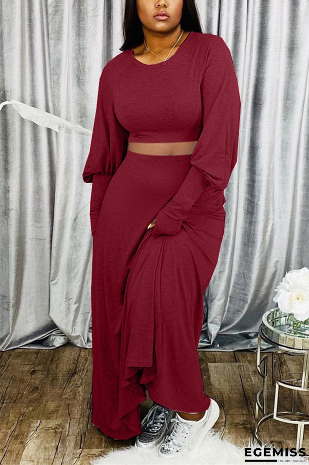 Wine Red Casual Daily Solid Fold Basic O Neck Long Sleeve Lantern Sleeve Regular Two Pieces | EGEMISS