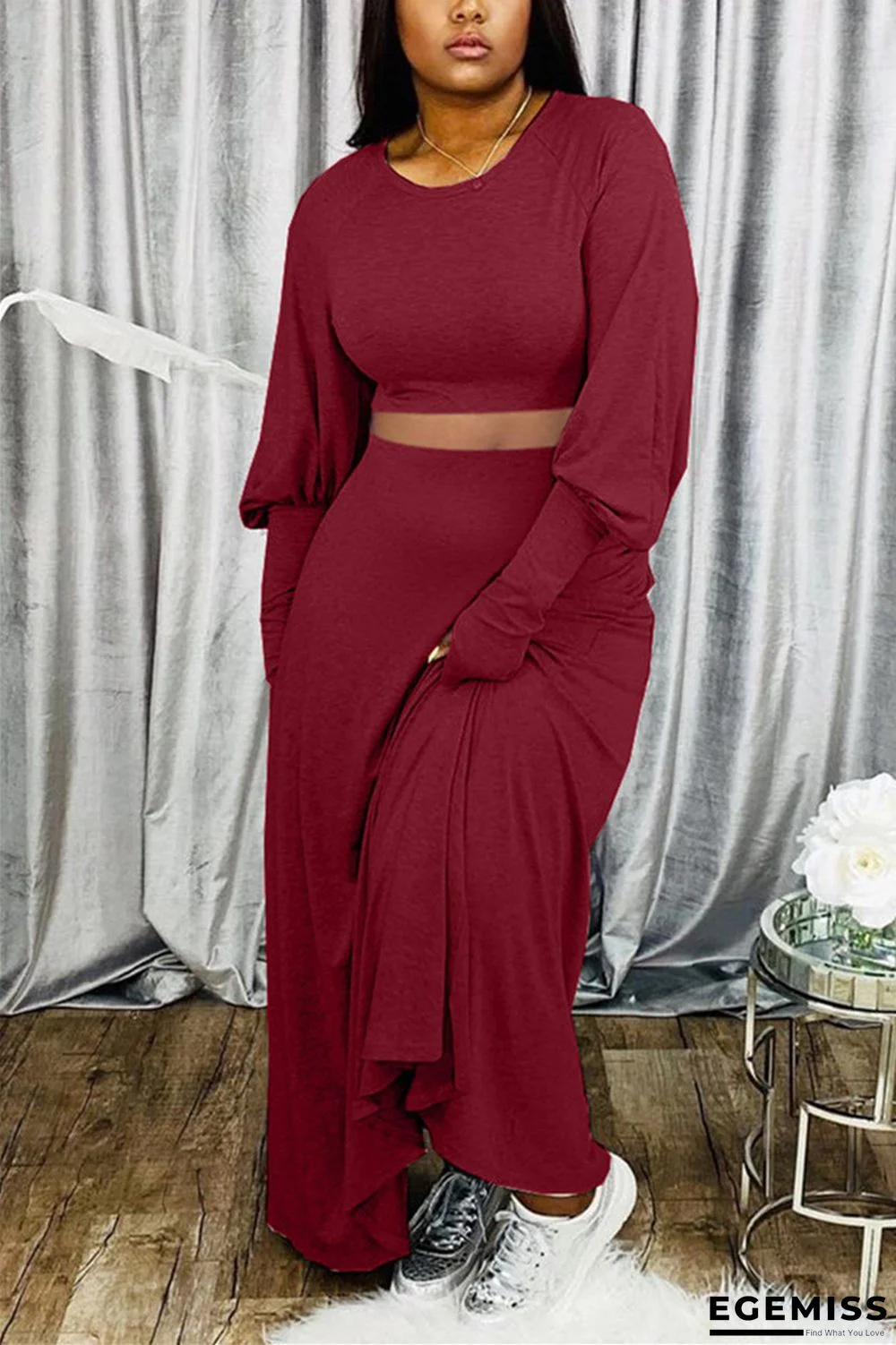 Wine Red Casual Daily Solid Fold Basic O Neck Long Sleeve Lantern Sleeve Regular Two Pieces | EGEMISS