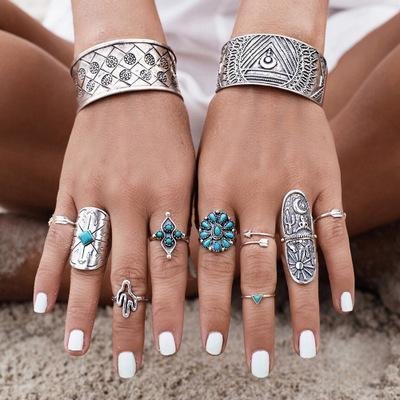 Jewelry-Silver 9 Piece Boho Ring Set - Chicaggo
