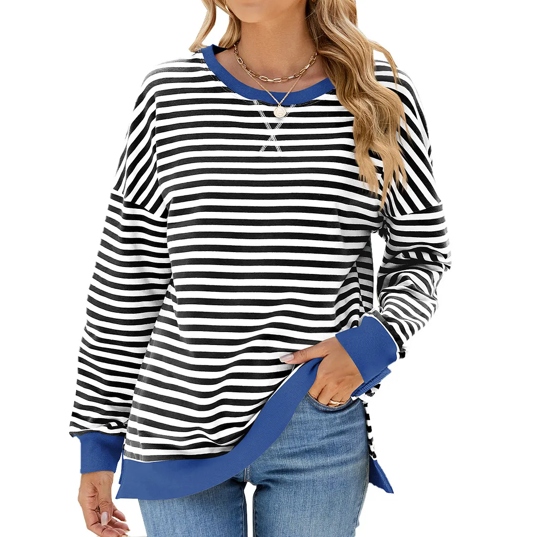 Churchf Churchf New 2024 Round Collar Stripe Splicing Split Loose Hoodie Top