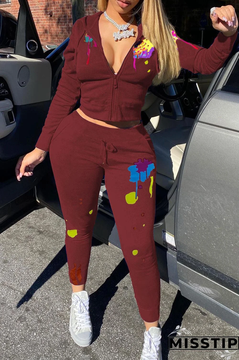 Black Casual Print Basic Hooded Collar Long Sleeve Two Pieces