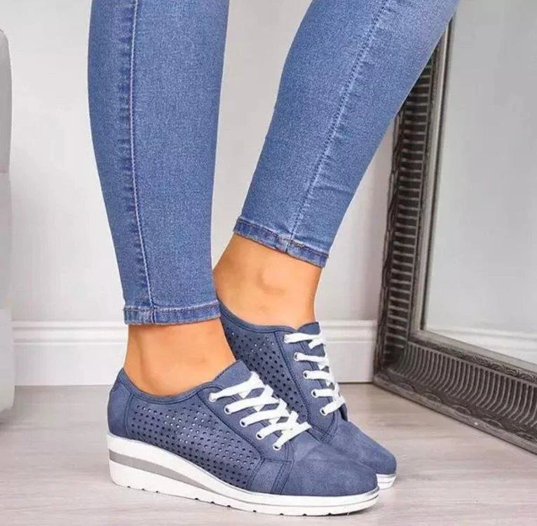 Women Fashion Lace Up Hollow Out Wedge Heel Sneakers