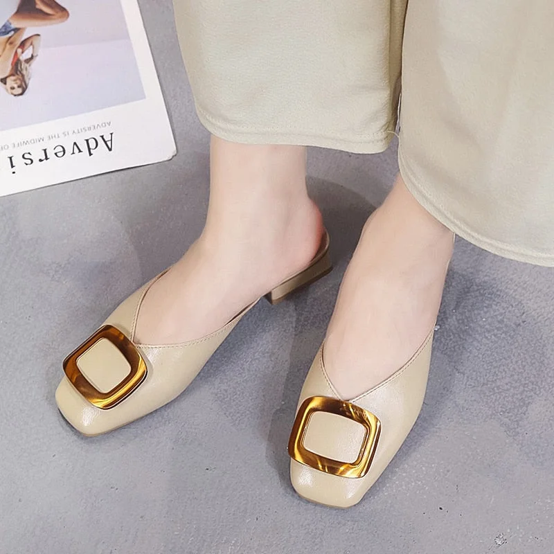 Ladies Mules Elegant Low Heel Buckle Women Slippers Slip-on Comfortable PU Ladies Office Shoes Summer Women Slippers