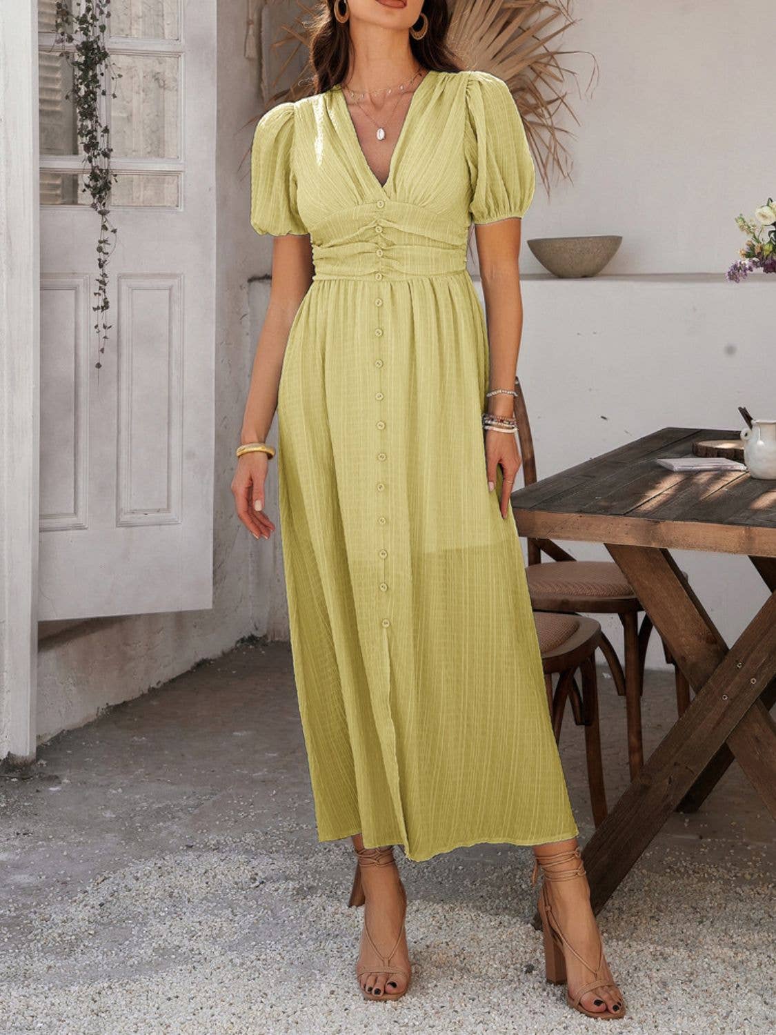 Devine V-Neck Puff Short Sleeve Midi Dress | IFYHOME