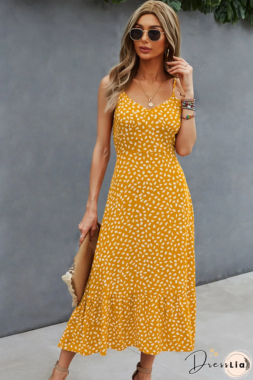 Spring/summer Sexy V-neck Print Slip Casual Midi Dress