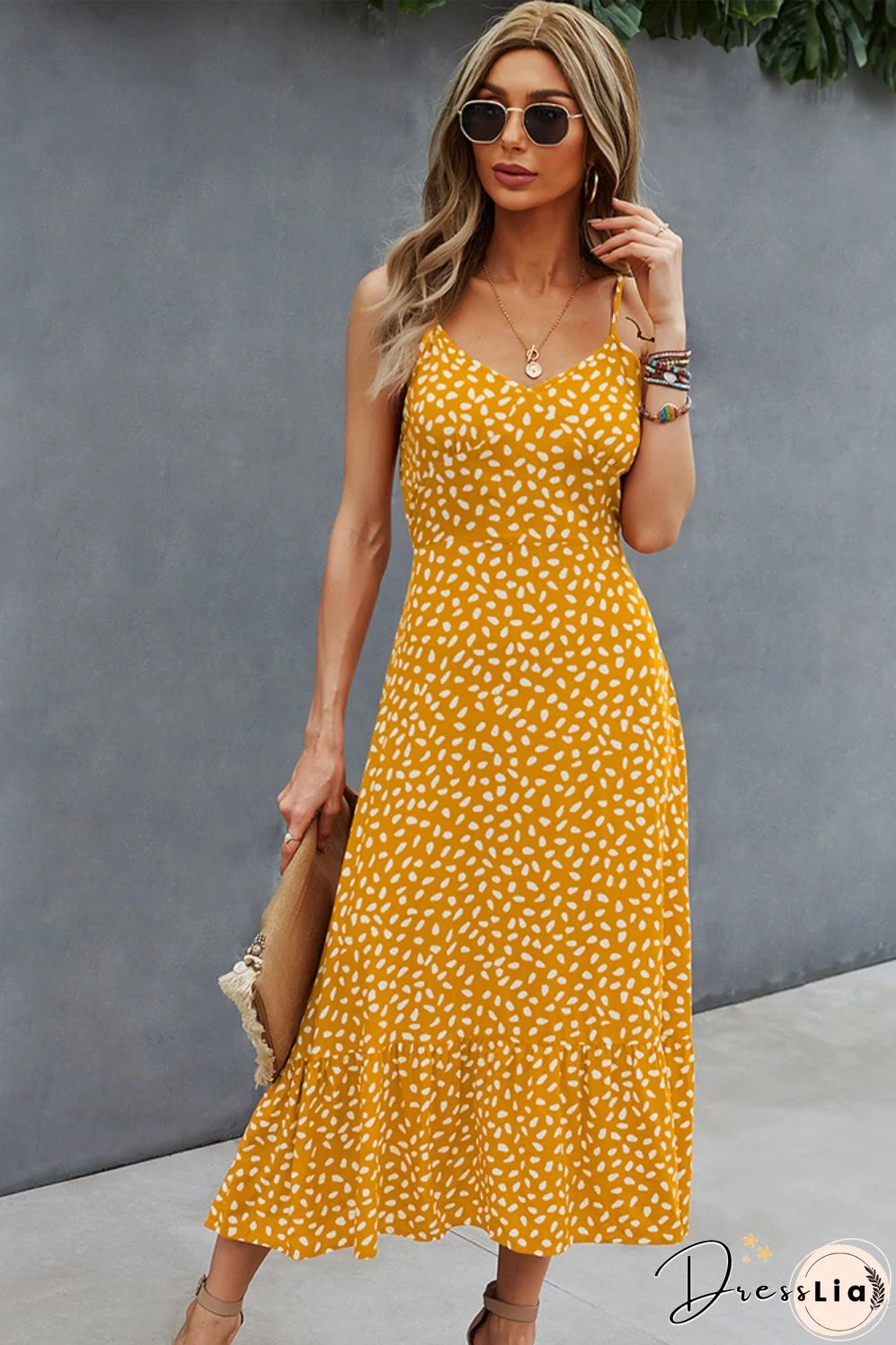 Spring/summer Sexy V-neck Print Slip Casual Midi Dress