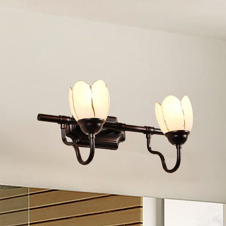 Floral Shade Sconce Light Fixture Modernist Style Opal Glass 2/3 Heads Coffee Shop Wall Vanity Light in Black