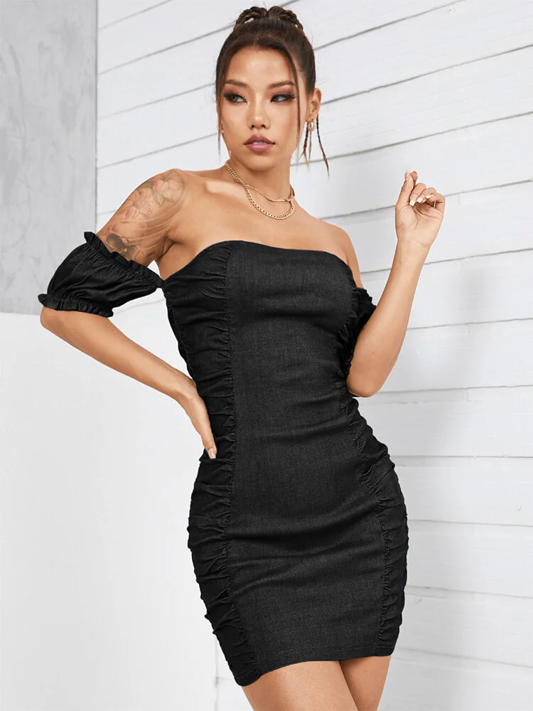 Solid Backless Folds Off The Shoulder Puff Sleeve Sexy Dress