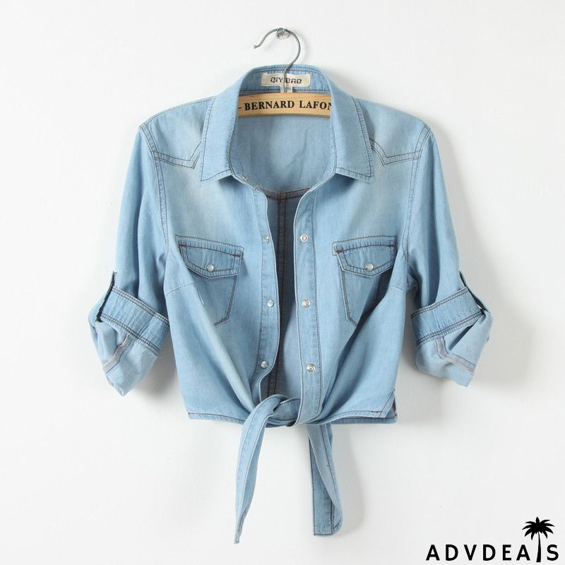 Puff Sleeve Bow Neck Denim Shirt