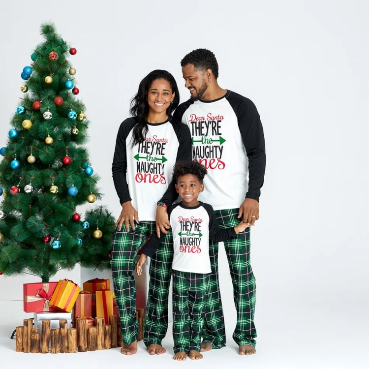 Christmas Letter Contrast Top and Buffalo Plaid Pants Family Matching Pajamas Sets