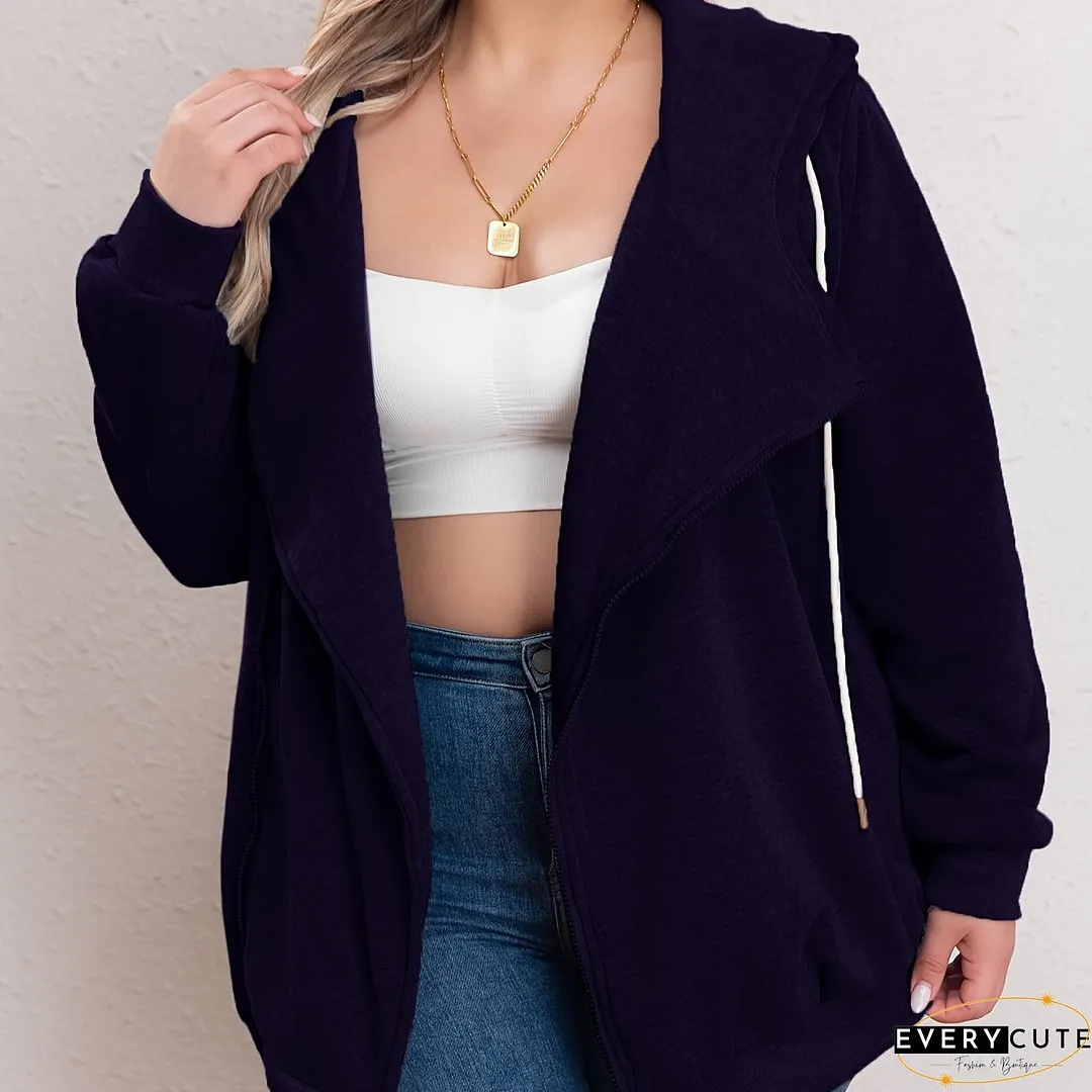 Plus Size Casual Sweatshirt, Women's Plus Solid Zipper Front Long Sleeve Drawstring Hooded Sweatshirt