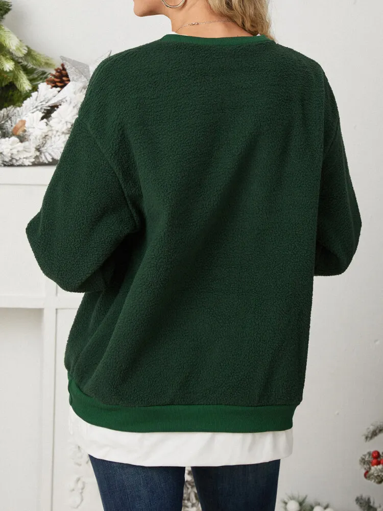Cartoon Animal Christmas Tree Fake Two Pieces Sweatshirt