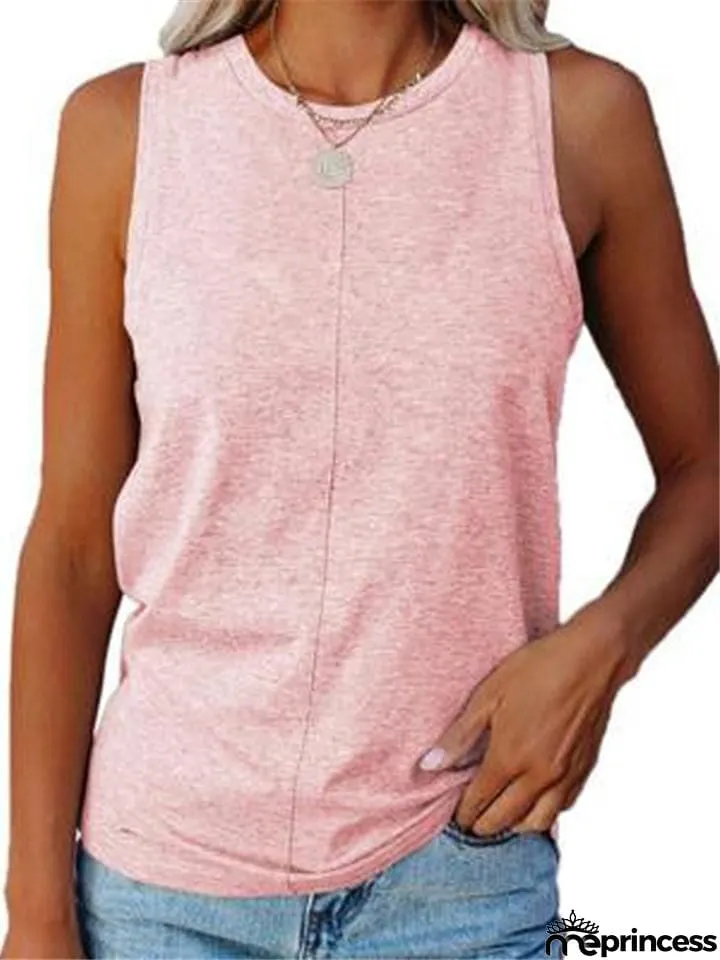 Relaxed Fit Round Neck Sleeveless Solid Color Tank Top