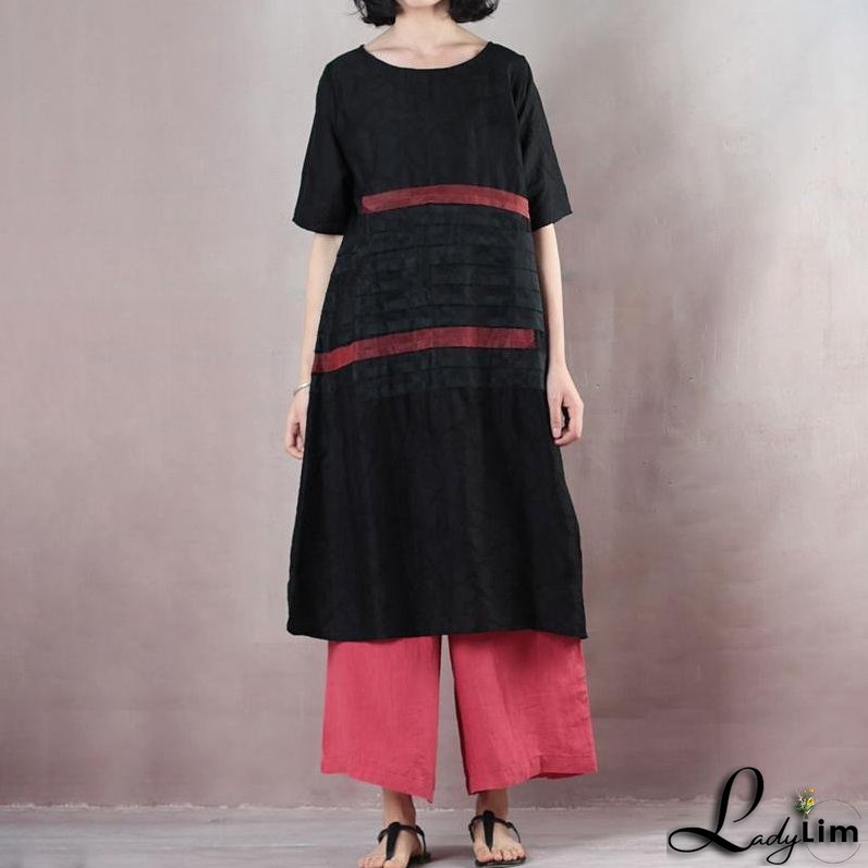 Summer Round Neck Patch Work Stripe Black Dress