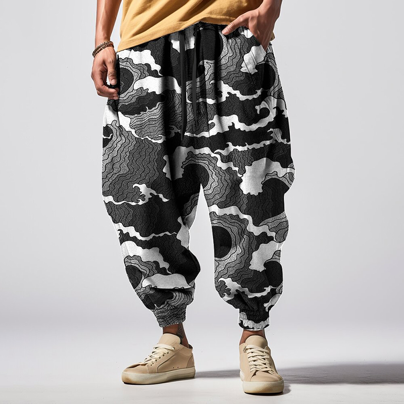 Comstylish Vintage Retro Wave All Over Japanese Art Print Pattern Casual Loose Drawstring Waist Sweatpants