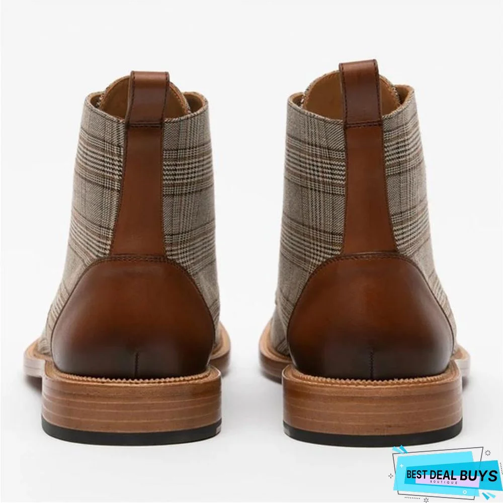 Vintage Genuine Leather Plaid Lace Up Boots