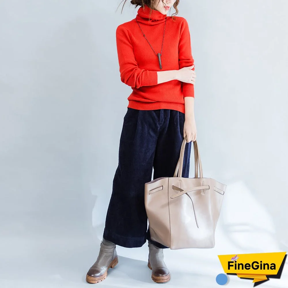 orange solid high neck pullover casual loose knitted sweaters warm