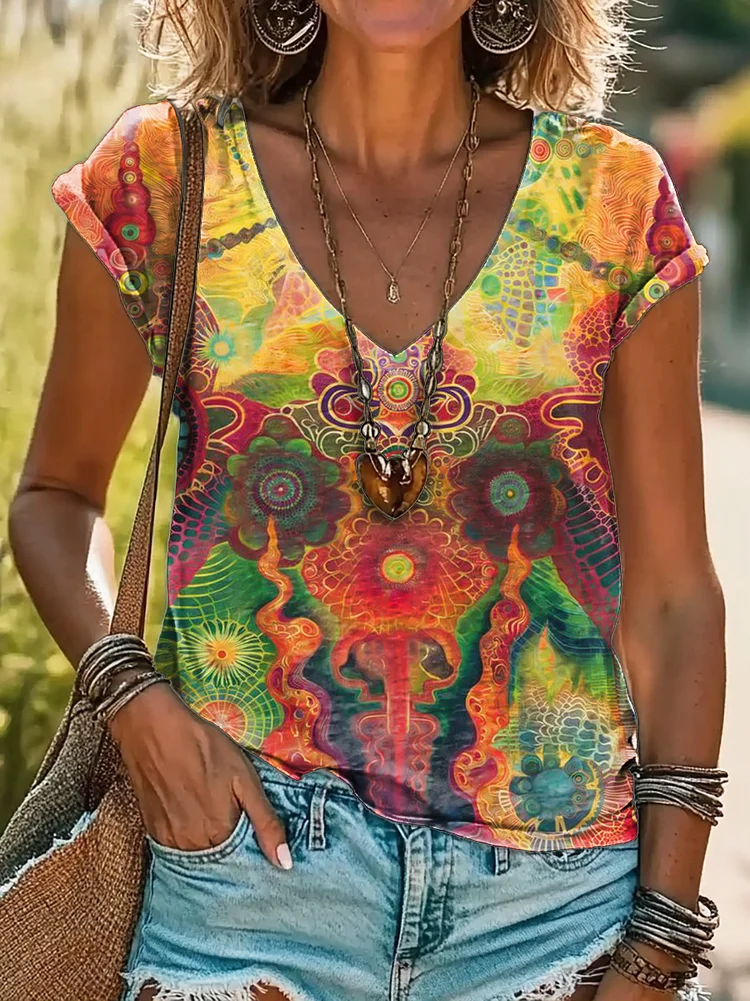 Trippy Colorful Hippie Art Print 100%Cotton V-neck T-Shirt