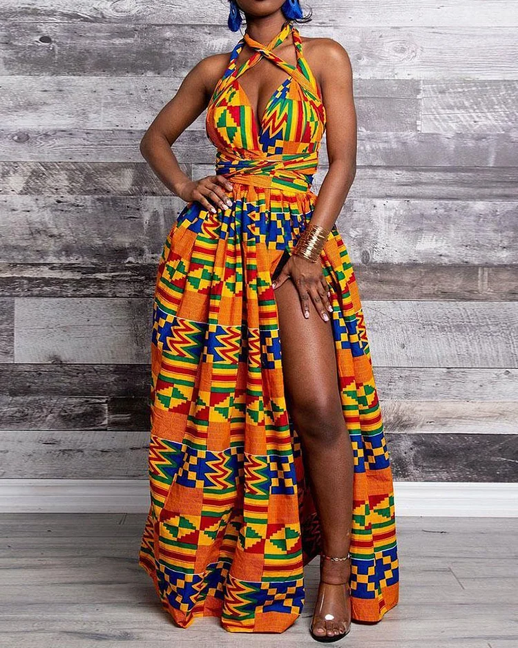 Digital Printing Irregular Multi-wear Style Split Mid-length Dress