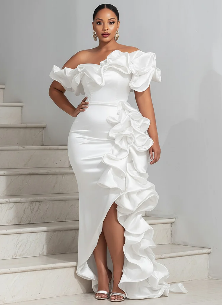 Xpluswear Design Plus Size Formal Burgundy Asymmetrical Collar Short Sleeve Ruffle Asymmetric Hem Irregular Hem Satin Maxi Dresses [Pre-Order] 2024 - Xpluswear