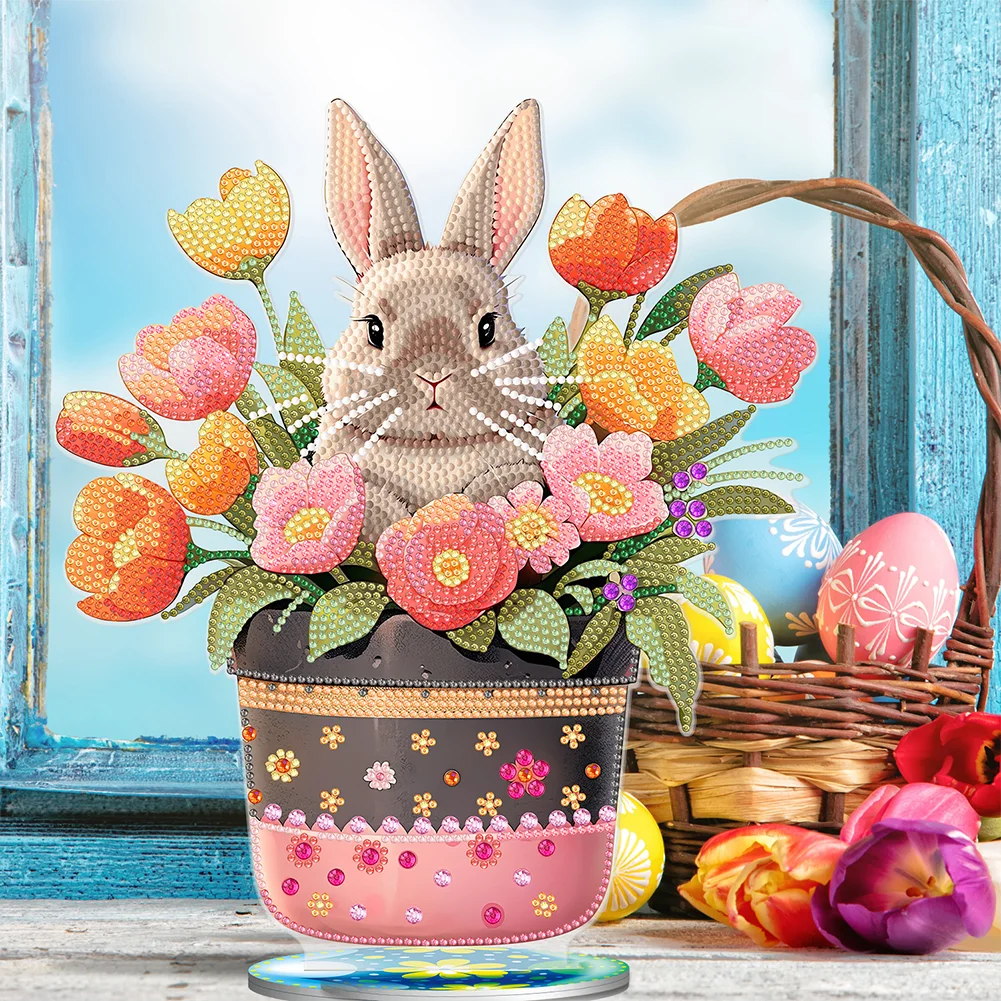 DIY Easter Egg Bunny Acrylic Single Sided Diamond Painting Desktop Ornaments Kit for Office Desktop Decor