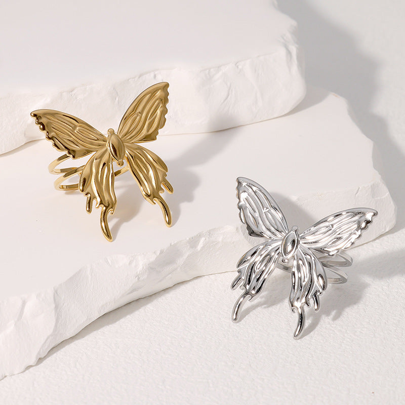 Fashion Personality Design Index Finger Ring Butterfly Simple And Versatile Open Gold-Plated Stainless Steel Ring For Women