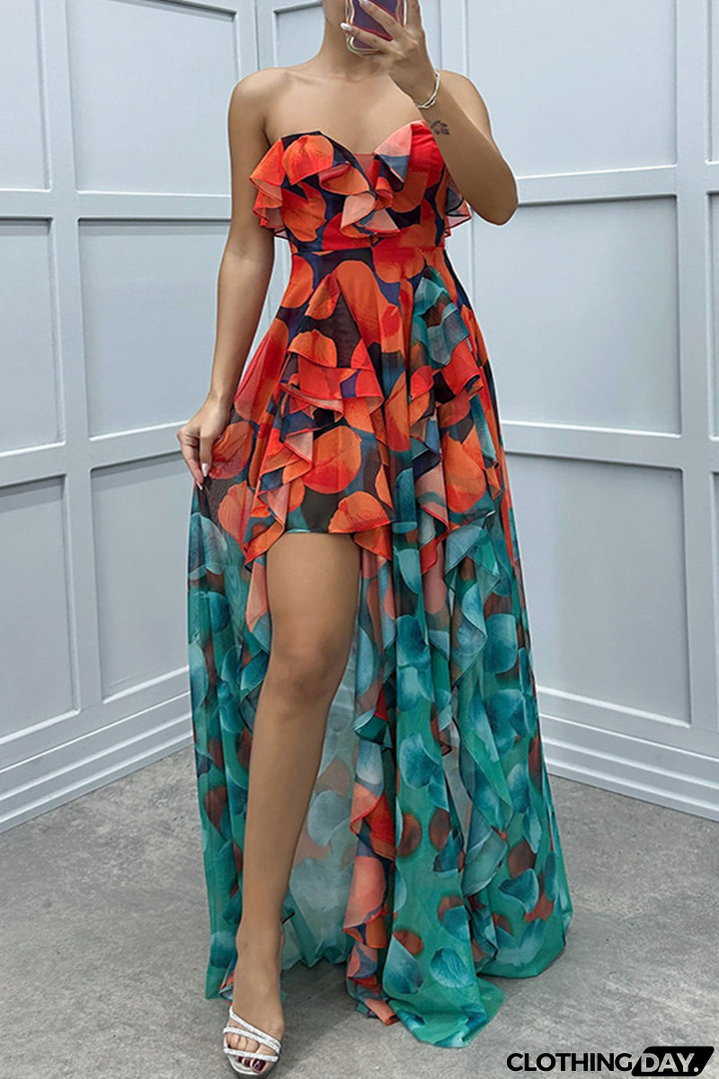Sexy Gradient Print Ruffle Slit Strapless Irregular Dresses(3 Colors)
