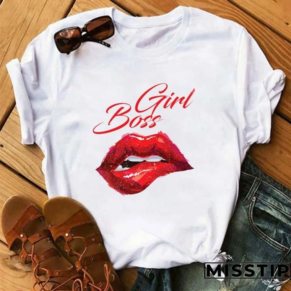 White Red Fashion Casual Lips Printed Basic O Neck Tops