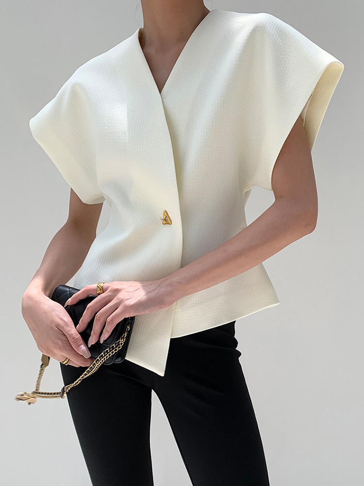 Solid Slimming Waistcoats For Women V Neck Sleeveless Tunic Irregular Patchwork Button Waistcoat Female Fashion New