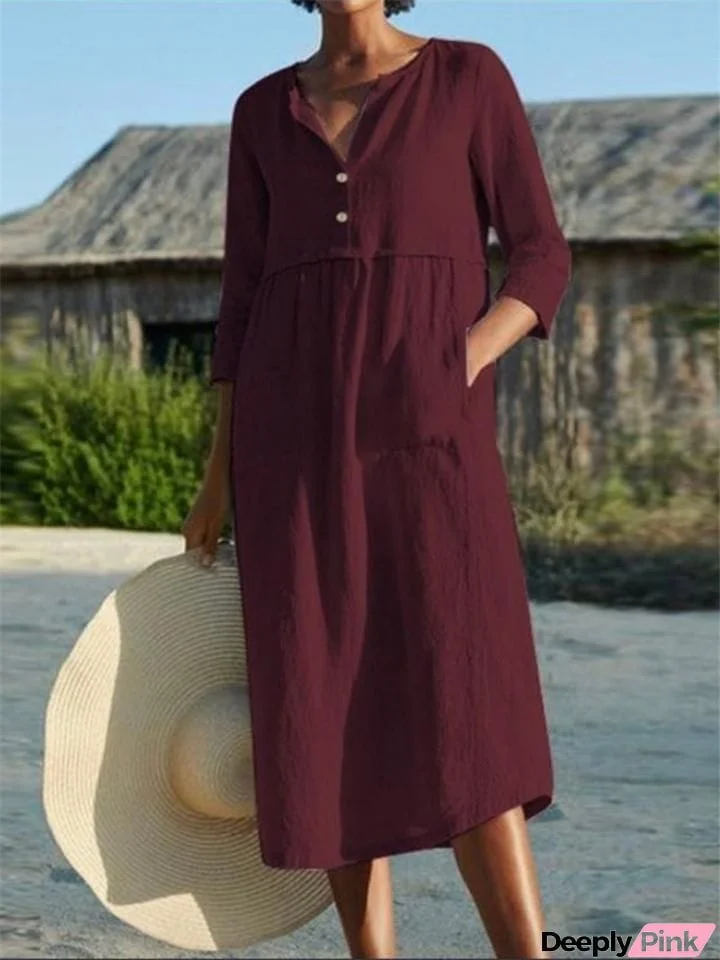 Women Cotton Linen Half Sleeve Midi Dress With Pockets