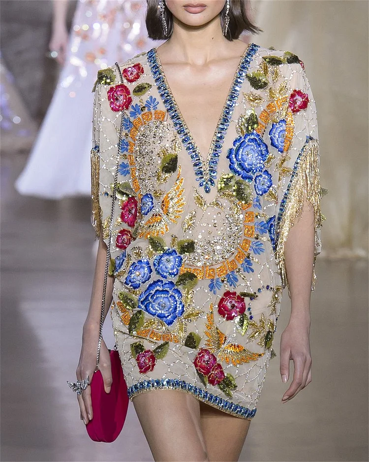 Women's V-neck Flower Embroidery Sequin Fringe Dress - 01