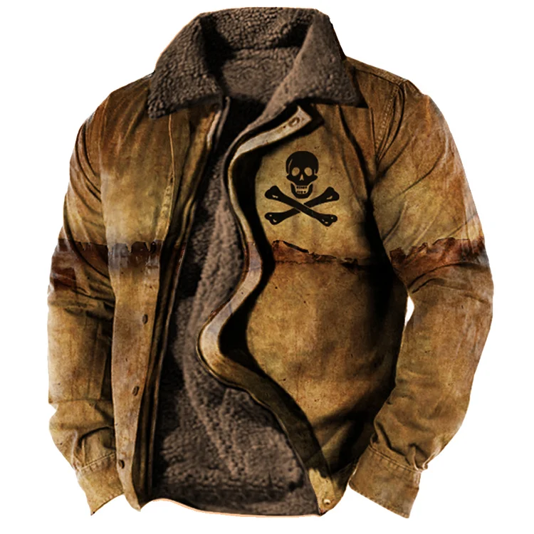 Pirate Skull Men's Vintage Print Warm Fleece Jacket