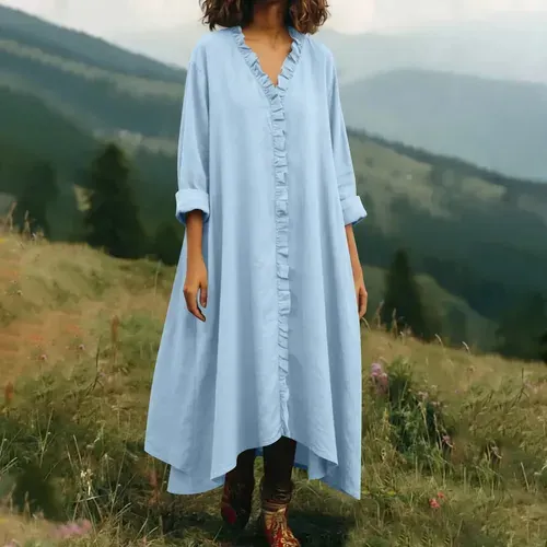Women's Solid Color V-neck  Linen Blend  Irregular Hem Dress