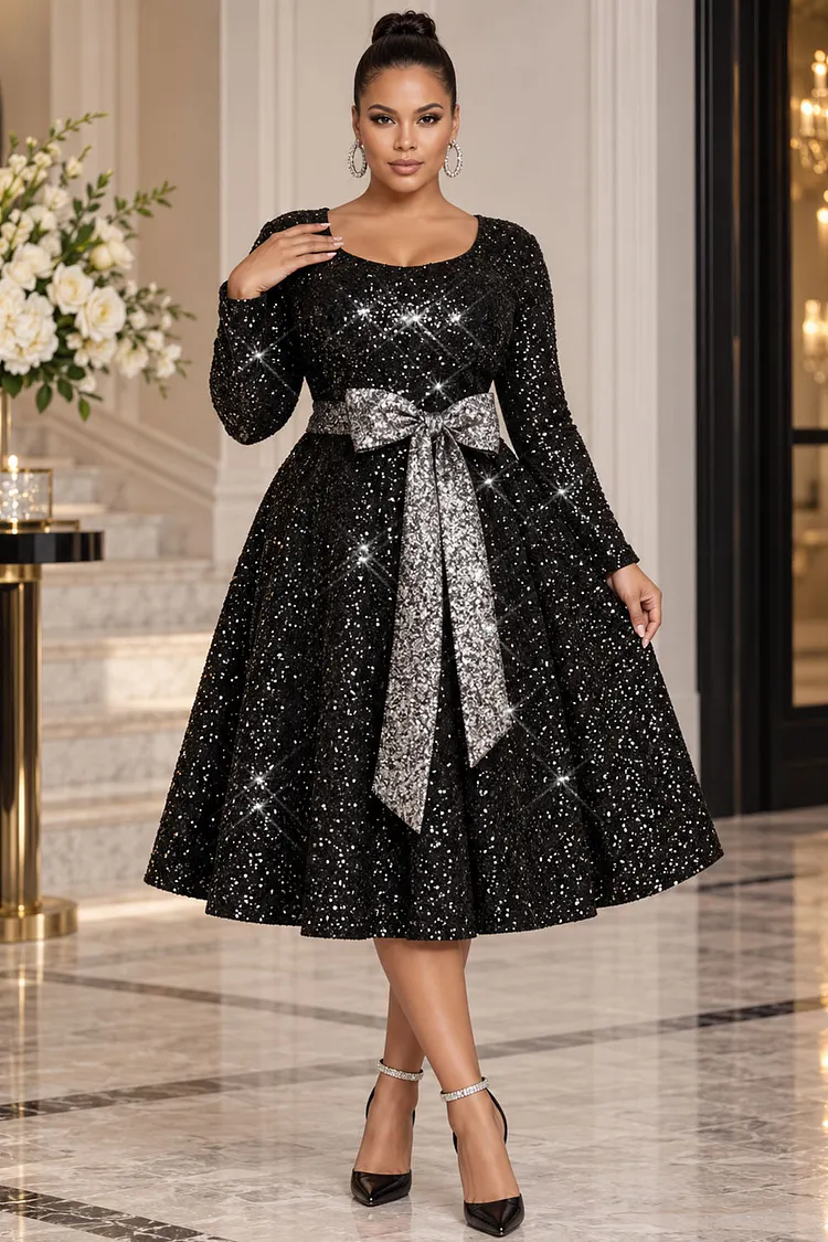 Xpluswear Design Plus Size Formal Black Round Neck Long Sleeve Wrap Pocket Sequin Midi Dresses [Pre-Order] 2024 - Xpluswear