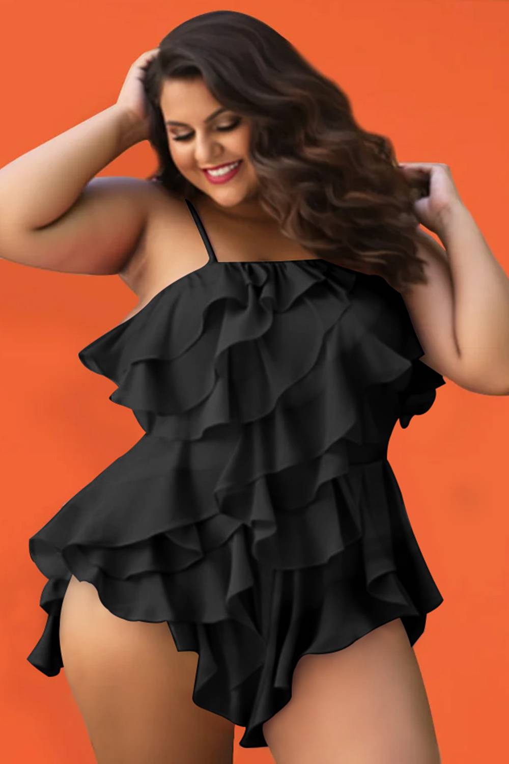 Design Plus Size Beach Black Cami Flounce Swimsuit Fabric One Pieces Swimwear [Pre-Order]