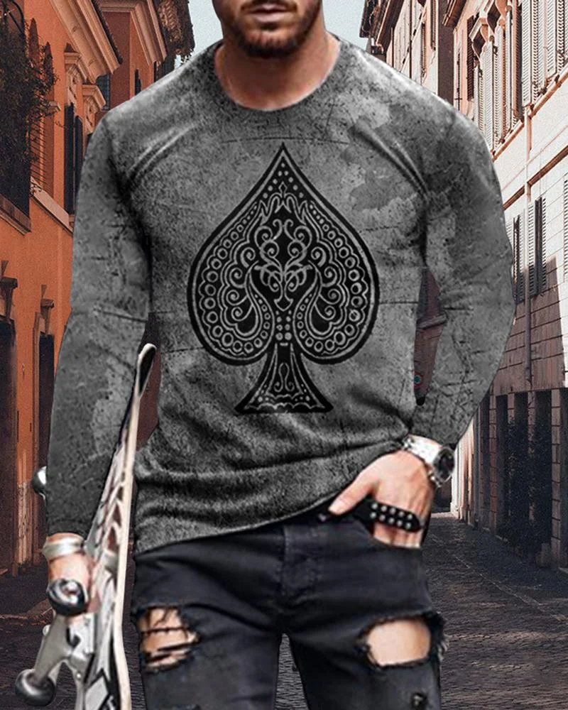 men's casual poker printing long sleeve
