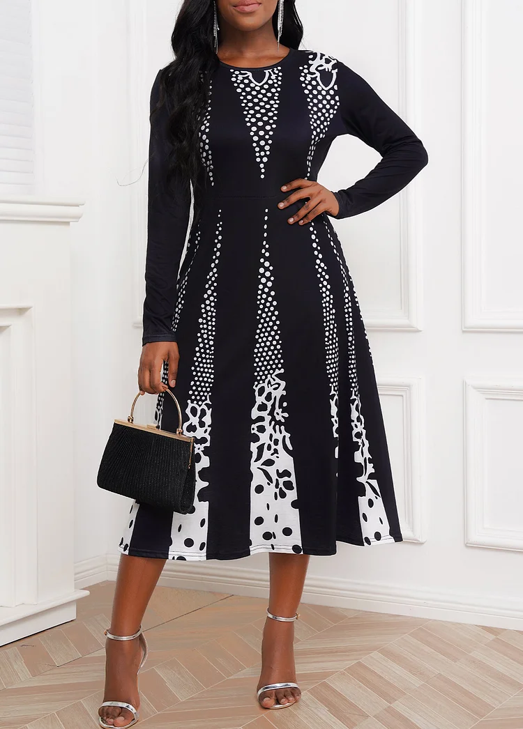 Round neck printed long-sleeve dress