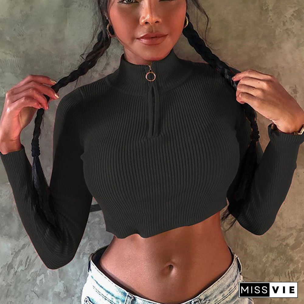 Autumn Fashion Women Crop Top Long Sleeves Zipper Crop Top