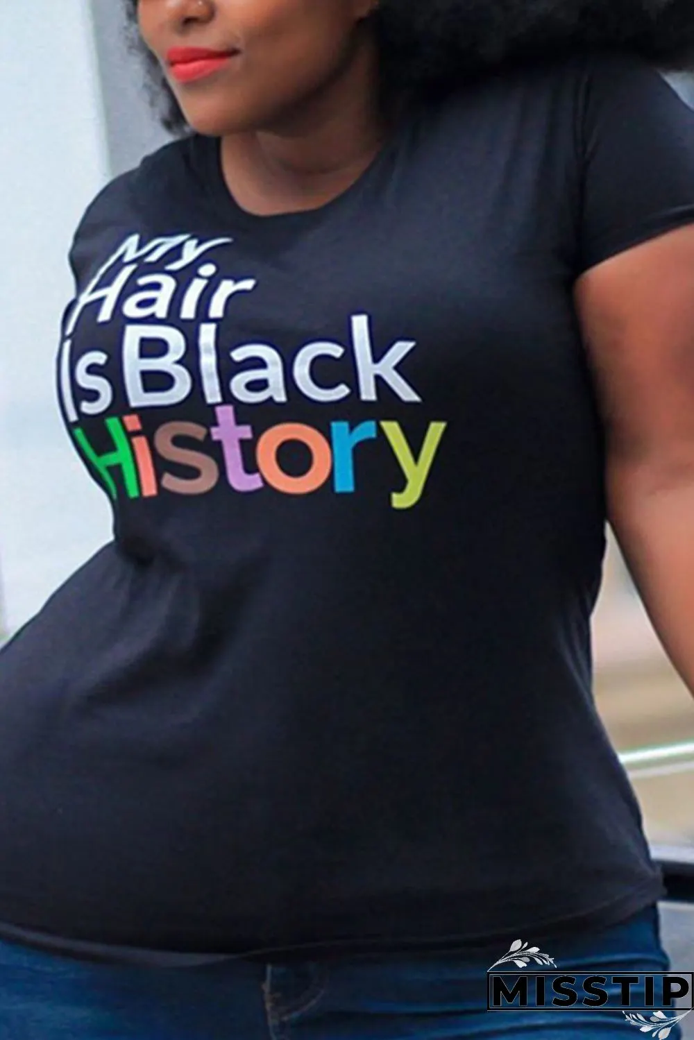 Letter Fashion Casual Printed Black Plus Size T-shirt