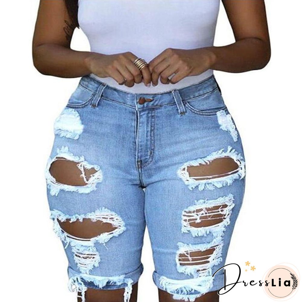Women Casual Street Style Half Blue Denim Shorts Stretch Pants Slim Boyfriend Ripped Hole Jeans